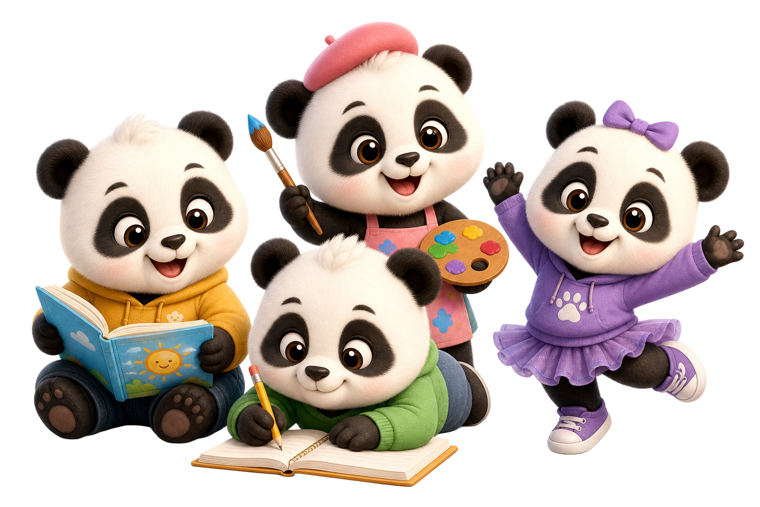 The MamaSparsh panda family — reading, writing, painting and dancing